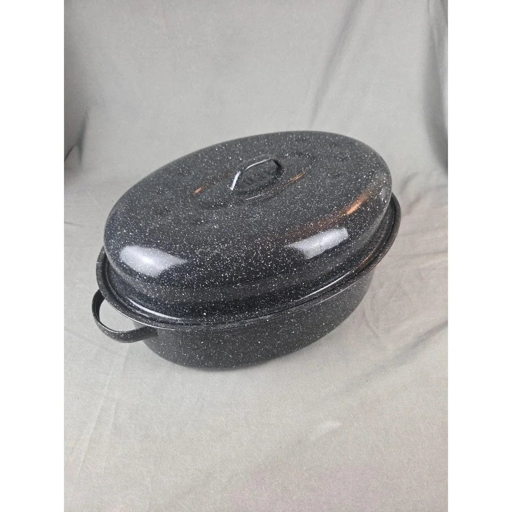 Enamelware Roaster Black Speckled Oval USA Large 16.5